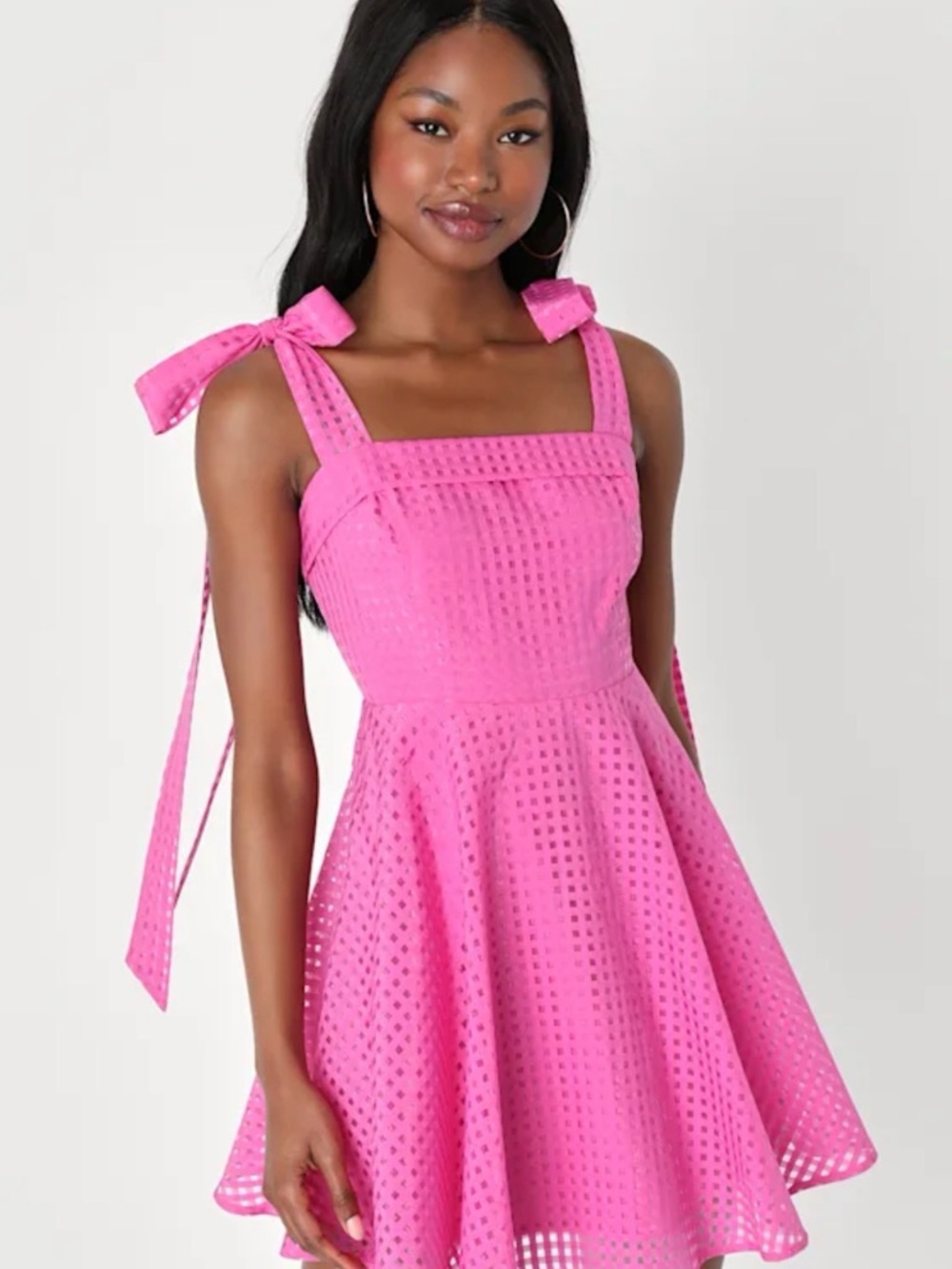 Lulu's Hot Pink Sheer Check-Pattern Dress
